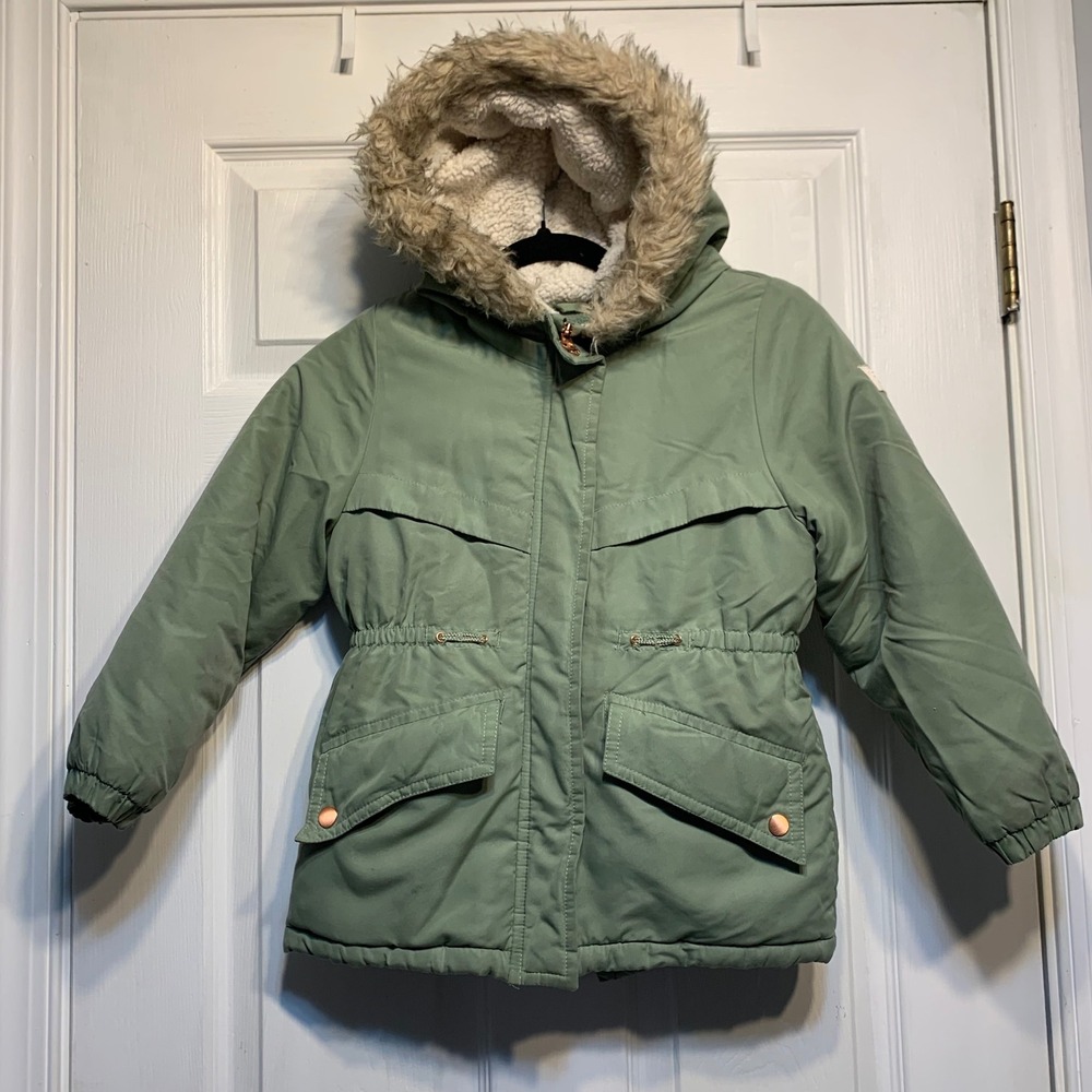 OshKosh B'gosh Parka Jacket Size 6X Sage Green Sherpa Hood Faux Fur Trim Winter
